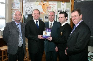 Left to right Dr John McCavitt (head of politics), Mr Martin MCGuinness MP MLA, Mr Dermot McGovern (headmaster), Ryan Lynch(Vice Chairman, Abbey Politics Society), Mr Conor Murphy MLA